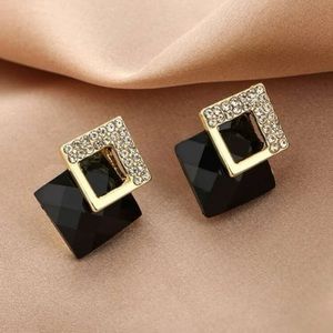 Rhinestone Square Stud Earrings Golden Black